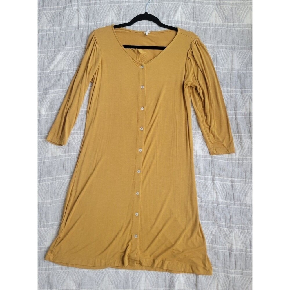 Kate Quinn Mustard Yellow Bamboo Viscose Button Front Puff Sleeve Dress Small